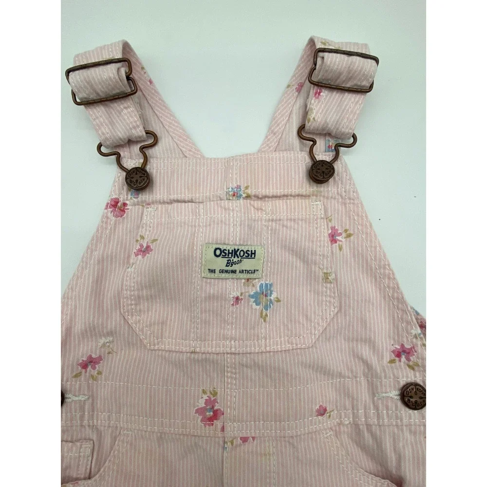 OshKosh Bgosh Pink Pinstripe Floral Overall Dress Toddler 24M Frayed Hem